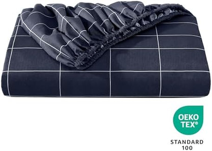 Bare Home Fitted Sheet (Queen, Grid - Midnight Blue/White)