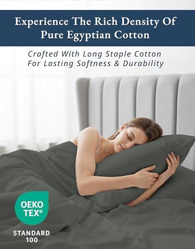 LANE LINEN King Sheet Set 100% Egyptian Cotton Sateen - Dark Grey Swiss Dot