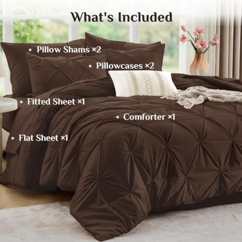 JOLLYVOGUE Queen Comforter Set 7 Pieces - Bed in a Bag Queen for All Season, Pintuck Bedding Comforter Sets with Comforter, Flat Sheet, Fitted Sheet and Pillowcases & Shams, Dark Brown