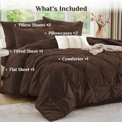 JOLLYVOGUE King Size Comforter Set 7 Pieces - Bed in a Bag King for All Season, Pintuck Bedding Comforter Sets with Comforter, Flat Sheet, Fitted Sheet and Pillowcases & Shams, Dark Brown