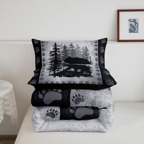 Castle Fairy Bear Print Full Size Kids Comforter Set,Wild Animal Bedding Comforters Pine Trees Retro Bedroom Collection,Rustic Farmhouse Grid Plaid Hunting Cabin Decor Bedding Set for Man Adult, Grey