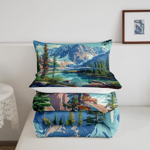 Camping Comforter Set King Size,Lake House Woodland Bedding Set for Kids Teens Adults Room Decor,Adventure Theme Microfiber Soft Quilt Set,Nature Scenery Mountain Duvet Insert 3Pcs,2 Pillowcases