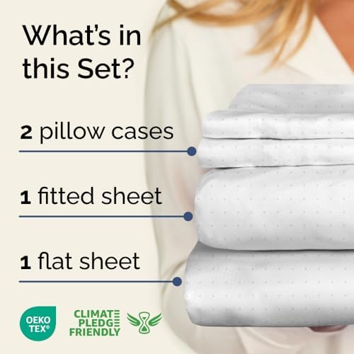 Queen 4 Piece Striped Sheet Set - Breathable & Cooling - Light Blue Dots