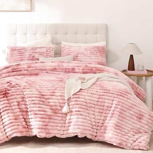 Smoofy Fluffy Twin Size Comforter 2 PCS - Tie Dye Pink Fleece Bedding Set
