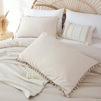 YIRDDEO King Size Comforter Set, Beige Ball Pom Fringe Bedding Set 3 Pieces