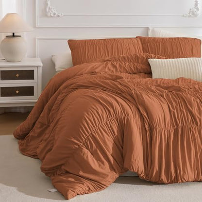 Masaca King Size Comforter Set(106"x95"),3 Pieces Lightweight Ruched Ruffle Pumpkin California King Bed Comforter Vintage Rustic Shabby Boho Farmhouse Burnt Orange Bedding Sets Ultra Soft