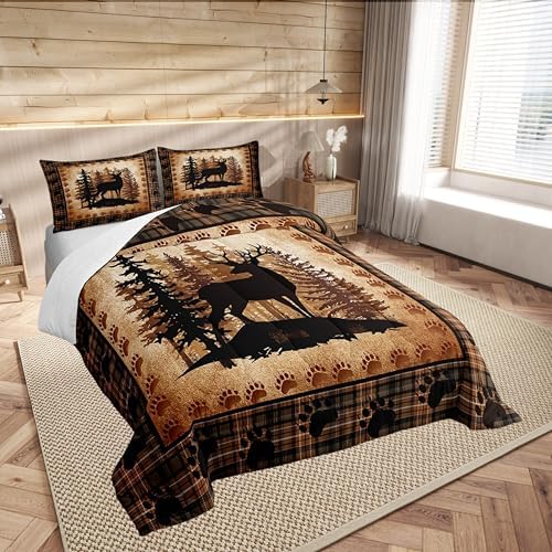 Castle Fairy Deer Bear Plaid Comforter Set Queen Size,Animal Hunting Bear Print Bedding Set for Women Adult,Pine Trees Rustic Retro Grid Luxury Bed Duvet Insert, 2 Pillowcases