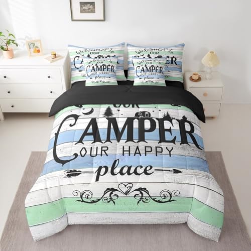 Erosebridal Kids Camping 7 Piece Comforter Set Twin,Rustic Farmhouse Old Barn Door Bed in a Bag with Flat Sheet and Fitted Sheet,Woodland Camper Car Vintage Bedding Set with Pillowcase and Case