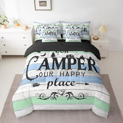 Erosebridal Kids Camping 7 Piece Comforter Set Twin,Rustic Farmhouse Old Barn Door Bed in a Bag with Flat Sheet and Fitted Sheet,Woodland Camper Car Vintage Bedding Set with Pillowcase and Case