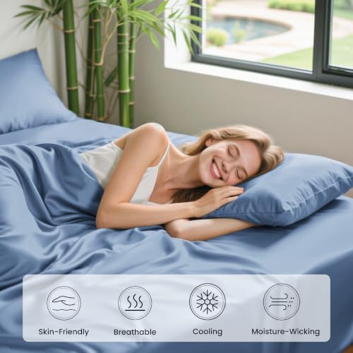 Love's cabin 3 Piece Twin XL Sheet Set, 100% Rayon Derived from Bamboo, Cooling & Breathable, Soft Silky Deep Pocket up to 16", Hotel Luxury Bedding for Hot Sleepers, Mineral Blue