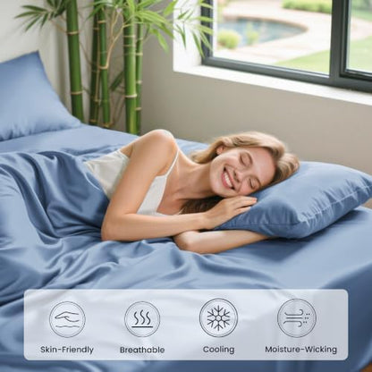 Love's cabin 3 Piece Twin XL Sheet Set, 100% Rayon Derived from Bamboo, Cooling & Breathable, Soft Silky Deep Pocket up to 16", Hotel Luxury Bedding for Hot Sleepers, Mineral Blue