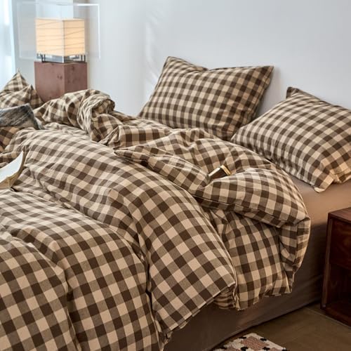 LifeTB Vintage Gingham Duvet Cover Full Size, 100% Washed Cotton Brown Beige Plaid Checkered Comforter Cover with 2 Pillowcases, Breathable Grid Farmhouse Gingham Bedding Set for All Seasons