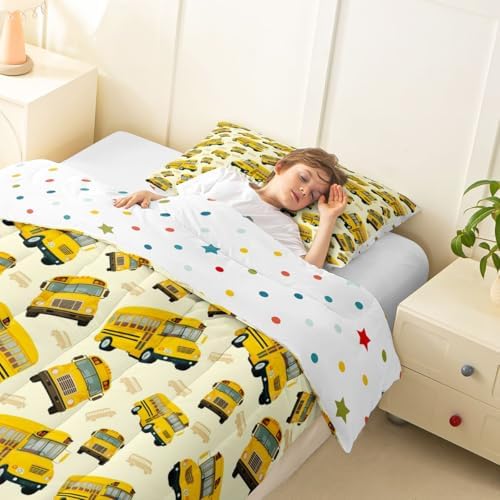 Feelyou Yellow School Bus Comforter Set Toddler Size Cartoon Truck Bedding Set for Kids Boys Girls Transport Vehicles Duvet Quilt Bedroom Decor Microfiber 2 Pcs with 1 Pillow Case
