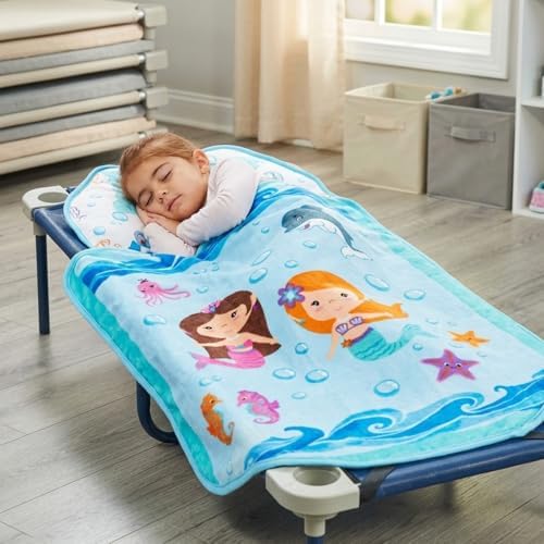 EVERYDAY KIDS Cute Preschooler and Toddler Cot Nap Mat for Home, Daycare, Preschool and Kindergarten; Easy to Roll Sleeping Mat with Elastic Straps, Pillow and Blanket