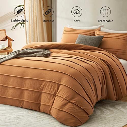 Oli Anderson 3PCS Pleated Duvet Cover Set, Pumpkin Brown, Queen