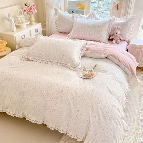 100% Cotton Cherry Print Duvet Cover Set Full, Aesthetic Cherry Elephant Pattern Comforter Cover with Ruffle Lace, Lightweight Soft Princess Lace Bedding Cottagecore Duvet Cover with 2 Pillowcases