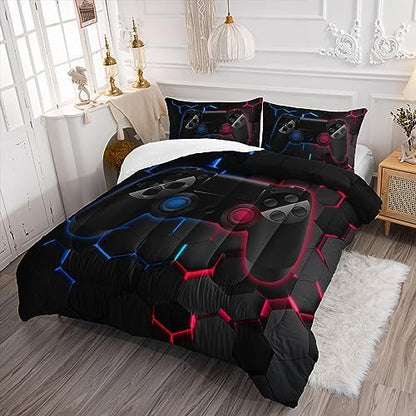 Axolotl Gamer Comforter Sets Full,Geometric Honeycomb Gaming Bedding Sets,Video Games Comforter,Gaming Bedding Set,Game Console Comforter Set for Kids Boys Girls Teens,1 Quilt 2 Pillowcases,Blue Red