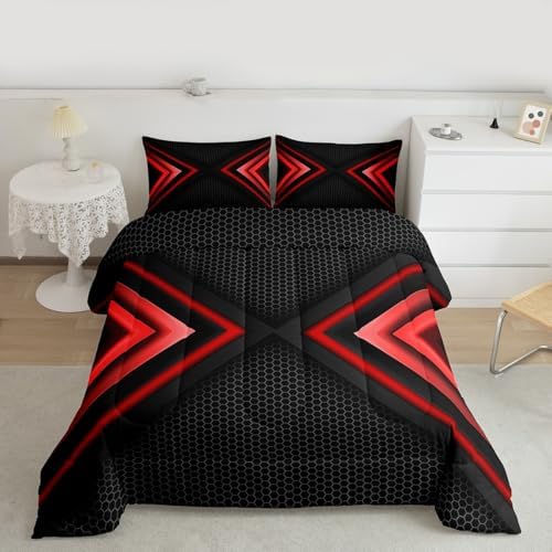 Geometric King Size Comforter Set,Kids Red and Black Decor All Season Bedding Set,Teens Sports Gaming Comforter,Modern Hexagon Decor Quilt Set Bedroom Collection 3Pcs