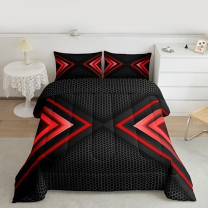 Geometric King Size Comforter Set,Kids Red and Black Decor All Season Bedding Set,Teens Sports Gaming Comforter,Modern Hexagon Decor Quilt Set Bedroom Collection 3Pcs