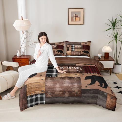 Cabin Home Comforter Sets King Size Hunting Bear Deer Animals Theme Quilted Duvet 3pcs for Boys Men Teens Kids Bedroom Decor Brown Wooden Rustic Farmhouse Style Bedding Sets Patchwork Plaid Bedspread