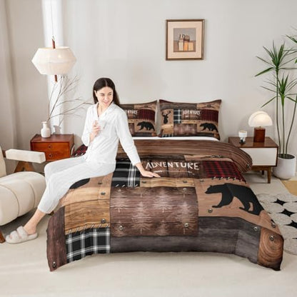 Deer Antlers Bear Silhouette Kids Comforter Set Full Size,Old Wooden Plank Plaid Bedding Set for Teens Adults Camper Home Decor,Rustic Adventure Quilt Set Brown Vintage Duvet Insert,2 Pillowcases