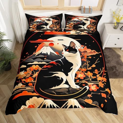 Feelyou Kids Kawaii Cat Anime Duvet Cover Toddler Japanese Retro Funny Cat Bedding Set Boys Girls Japanese Style Comforter Cover Set Japanese Wave Sakura Flower Floral Bedspread Cover（No Comforter