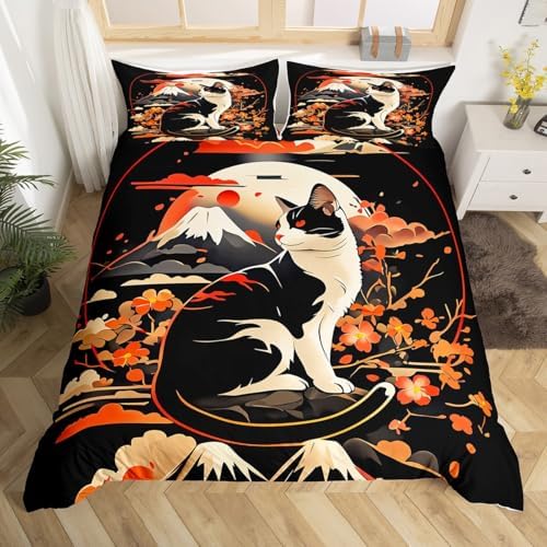 Feelyou Kids Kawaii Cat Anime Duvet Cover Twin Size Japanese Retro Funny Cat Bedding Set Boys Girls Japanese Style Comforter Cover Set Japanese Wave Sakura Flower Floral Bedspread Cover（No Comforter