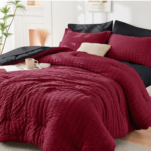 HYMOKEGE Red/Black Oversized Queen Comforter Set Seersucker 7 Pieces, All Season Luxury Bed in a Bag for Bedroom, Bedding Set with Comforter, Sheets, Pillowcases & Shams