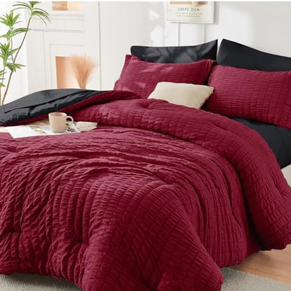 HYMOKEGE Red/Black Oversized Queen Comforter Set Seersucker 7 Pieces, All Season Luxury Bed in a Bag for Bedroom, Bedding Set with Comforter, Sheets, Pillowcases & Shams