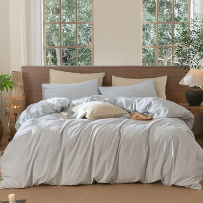 MooMee Striped Duvet Cover Set 100% Washed Cotton Linen Like Full