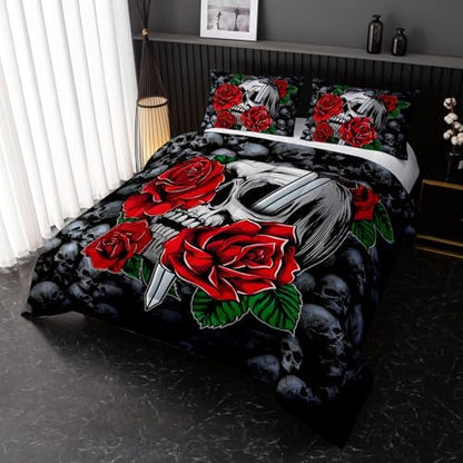 Nttopship Skull Comforter Red Floral Bedding Set，Comforter Set Twin Size, Gothic Skull Print Down Comforter Vintage Flower Rose Comforter Set with Pillowcase, for Bedroom Bed Decor