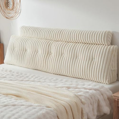 Headboard Pillow + A Long Neck Roll Pillow Body Pillow，Faux Fur Headboard Wedge Pillow with Removable Cover (Beige, King：76x8x20 inches)