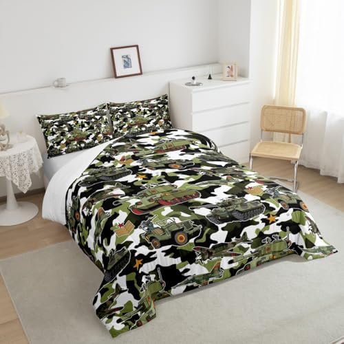 Manfei War Theme Comforter Set Full Size, Army Aircraft Tanks Down Comforter with 2 Pillowcases, Retro Green Camouflage Bedding Set 3pcs for Kids Boys Teens Room Decor Lightweight Duvet Insert