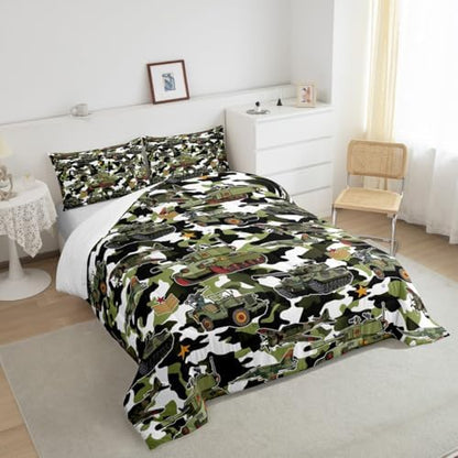 Manfei War Theme Comforter Set Full Size, Army Aircraft Tanks Down Comforter with 2 Pillowcases, Retro Green Camouflage Bedding Set 3pcs for Kids Boys Teens Room Decor Lightweight Duvet Insert