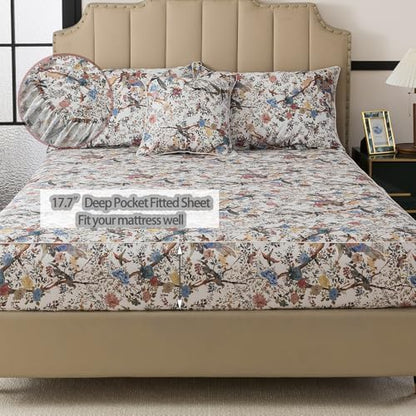 FADFAY Sheets Set Twin Botanical Bird Floral Bed Sheets Set Vintage Mocha Mousse Farmhouse Bedding Shabby Branches Bedding 100% Egyptian Cotton Breathable Soft 17.7" Deep Pocket 4Pcs, Twin Size