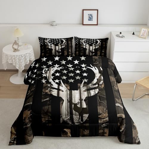 American Flag Queen Comforter Set, Grey Camouflage Antlers and Leaves Down Comforter for Man Adult,Camo Hunting Deer Animal Camping Bedding Set Stars Stripes USA Flag Quilt,Farmhouse Style
