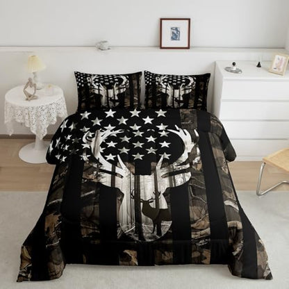 American Flag Queen Comforter Set, Grey Camouflage Antlers and Leaves Down Comforter for Man Adult,Camo Hunting Deer Animal Camping Bedding Set Stars Stripes USA Flag Quilt,Farmhouse Style
