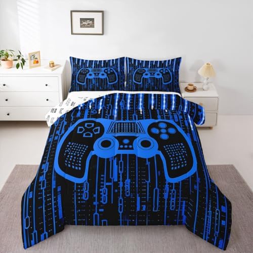 Feelyou Blue Gamer Comforter Toddler Size for Boys Girls, Boys Gamer Comforter Set Game Bedding Set Gaming Duvet Set Kids Gamer Microfiber Bed Set