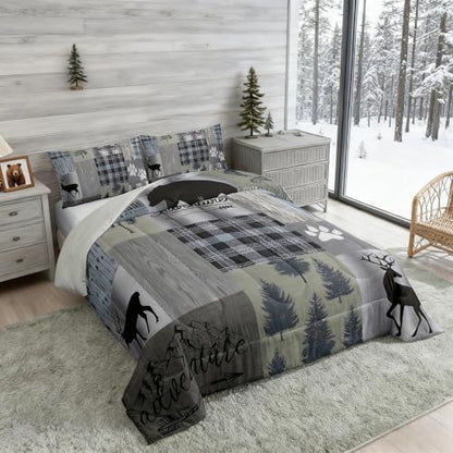 Hunting Camping Comforter Set Full,Grey Green Geometric Plaid Patchwork Quilt Set 3pcs for Kids Boys Men Outdoor RV Decor,Pine Bear Deer Animal Bedding Set Rustic Farmhouse Bedspread,2 Pillowcases