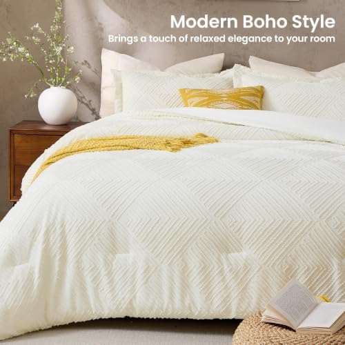 JOLLYVOGUE Full Size Comforter Set, Boho Tufted 3-Piece Bedding Set, Ivory
