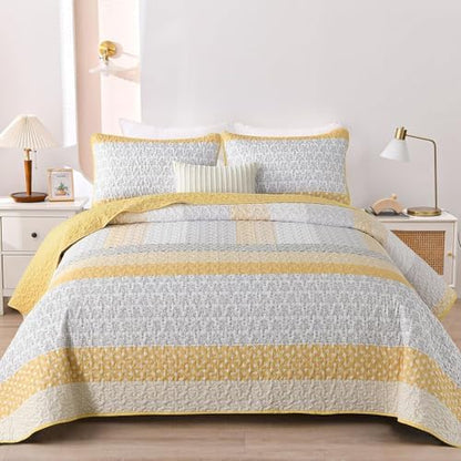 WONGS BEDDING Boho Full Size Quilt Size, Yellow Stripe Bedding Set