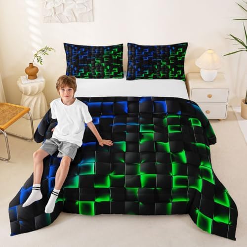 Erosebridal Geometric Checkered Comforter Set Toddler Neon Blue Green Bedding Set for Kids Boys Teen Gamer Room Decor,Abstract Ombre Plaid Comforter Grids Quilt Duvet Black