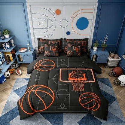Erosebridal Basketball Games Boys Kids 7 Piece Bedding Set Twin | Gaming Ball Pattern Comforter Set with Sheets Sports Theme Bed in A Bag Black Orange Bed Sets