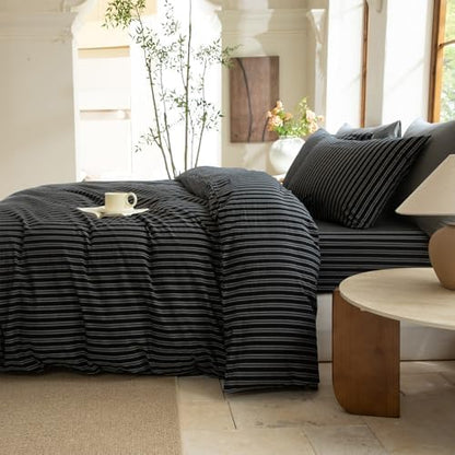 Striped Duvet Cover Set Queen Size 3 Piece 100% Washed Cotton Linen Feel Bedding Comfy Breathable Modern Farmhouse (Queen, Double Stripe-Black/White)