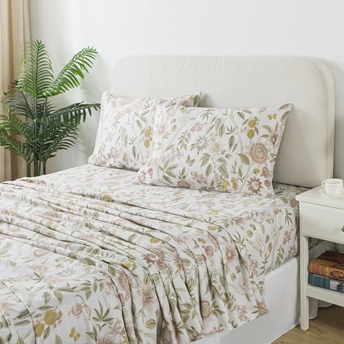 FADFAY Queen Size Sheets 100% Cotton Botanical Floral Bed Sheet Leaves Sunflower Printed Farmhouse Bedding Lemon Butterfly Patterned Deep Pocket Flower Sheets Luxury 600 TC Soft Breathable 4 Pcs
