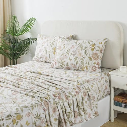 FADFAY Queen Size Sheets 100% Cotton Botanical Floral Bed Sheet Leaves Sunflower Printed Farmhouse Bedding Lemon Butterfly Patterned Deep Pocket Flower Sheets Luxury 600 TC Soft Breathable 4 Pcs