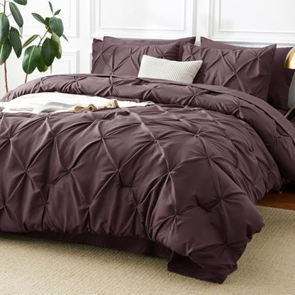 CozyLux Full Comforter Set Cocoa Powder, 7 Pieces Pintuck Bed in a Bag