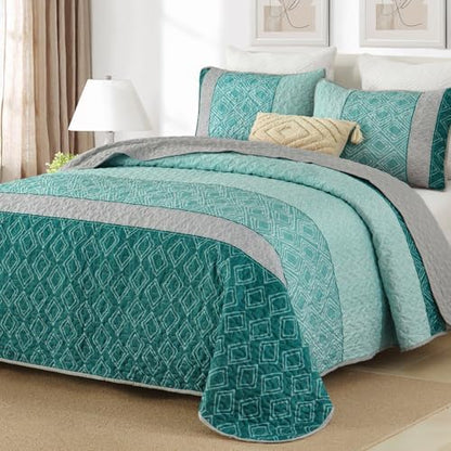 Cottolester Boho Quilt Set California King Size,Teal Blue Striped Bedspread