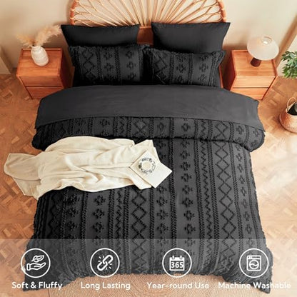 MR&HM King Size Comforter Set 7 Pieces, Farmhouse Boho Tufted Bed Set Black