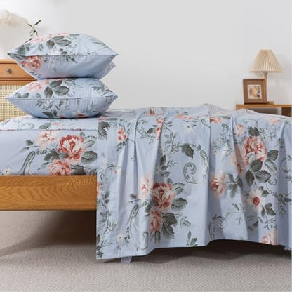 FADFAY Full Sheets Set Percale Cotton Floral Bed Sheets Deep Pocket Fitted Sheet, Luxury Pink Roses and White Small Flowers Pattern Shabby Vintage Countryside Style Bedding,4Pcs